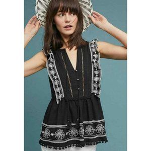AKEMI + KIN Anthropologie Black Embroidered Ruffle Front Pom Pom Peasant Top 4.